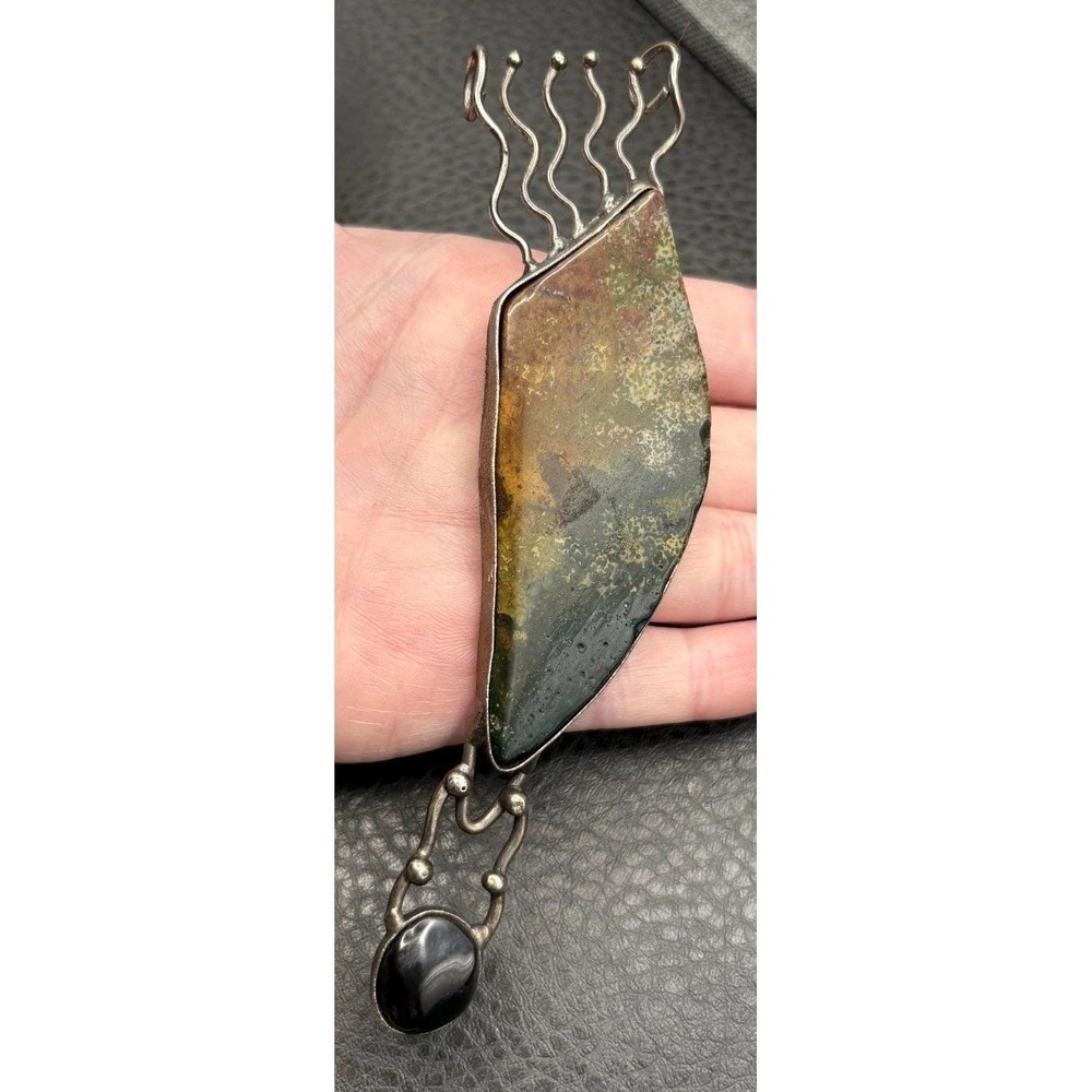 Artisan Brutalist Massive 5.5" Silver Tone Modernist Stone Pendant Brooch